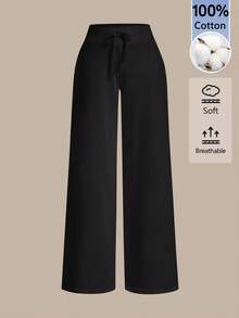 SHEIN BASICS 女款純色抽繩腰鬆身休閒運動長褲 - 黑色 - 查看 2
