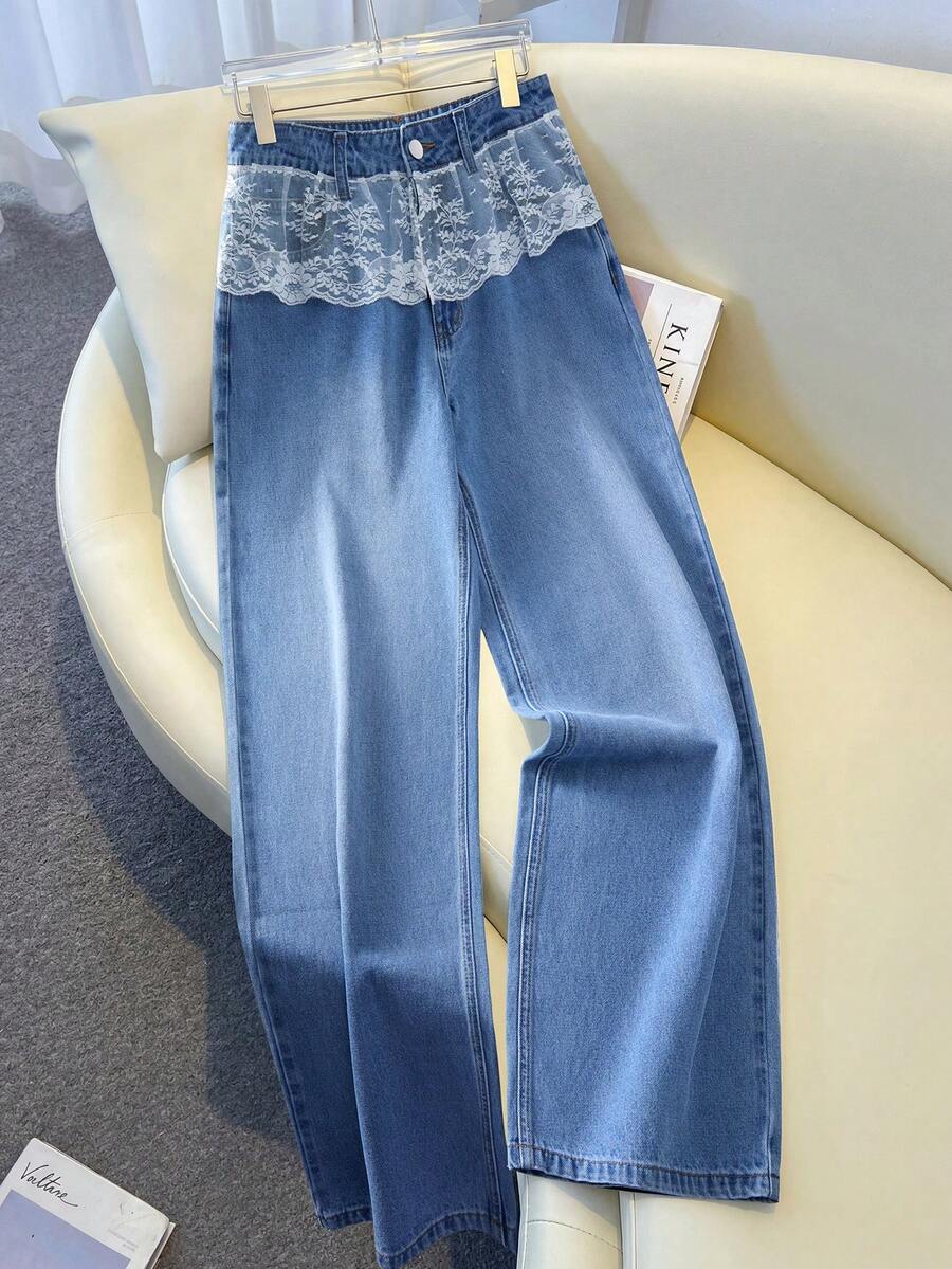 GlowEve Women's Button Lace Patchwork Casual Versatile Daily Wear Denim Jeans - Blue - View 1