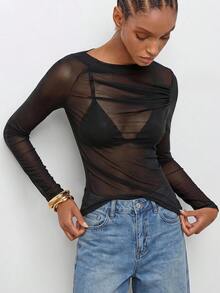 Maija Women's Asymmetric Design Neckline Shoulder Ruched Sheer Mesh Sexy Blouse, Vintage Old Money Teacher Style Romantic Fashion Summer Night Out Top - Black - View 5