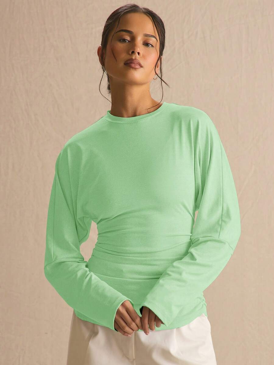 MUSERA Cinched Ruched Waist Batwing Long Sleeve Top Spring Summer Cute Cosy Cottage Core Spring Dew Spring Outfit - Lime Green - View 1