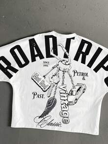 StoneGrade Men's Cropped Loose Fit Short Sleeve T-Shirt With Batwing Sleeves, Fashion Print With Large Curved English Letter Motel Keychain Design On Back, Standard Size - White - View 2