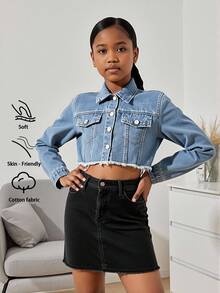 Girls' Personalized Versatile Comfortable Casual Vacation Fashion Washed Soft Distressed Street Style Daily Wear Loose Non-Stretch Short Denim Long Sleeve Jacket Lightweight Spring Autumn - Medium Wash - View 4