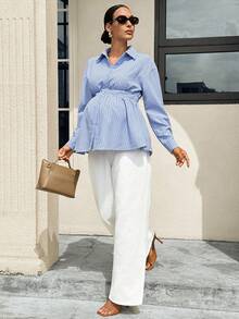 MaterniWear Women's Maternity Blue And White Striped Long-Sleeve Button-Front Shirt (Autumn) Social Blouse Fall - Blue - View 8