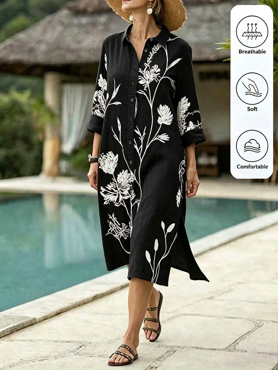 Louniche Gaun Musim Panas Wanita Motif Cetak Pendek untuk Liburan - Hitam dan Putih - View 1