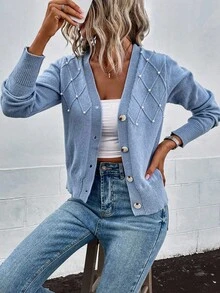 SHEIN 秋冬休閒珠飾裝飾開襟衫 - 藍色 - 查看 6