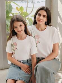 Anewsta Tween Girl New Spring/Summer Floral Print Sequin Embroidered T-Shirt - White - View 5