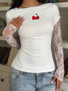 CovetEZ HELLO KITTY AND FRIENDS | SHEIN 休閒性感可愛風聯名款 95%棉 夏季休閒黑色針織蕾絲拼接 2合1 女款長袖上衣，適合春夏穿著 - 白色 - 查看 6