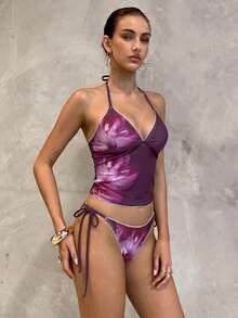 Swim Glamine Summer Sweet Tropical Floral Dark Purple Flower Plaid Tank Bikini Set Casual Sexy Spring Vacation Beach Party 2 Pieces Set - Multicolor - View 9