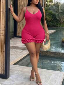 Veslaya Plus Size Women Solid Color Casual Sexy Tropical Date Beach Vacation Outing Spaghetti Strap Romper Hot Pink Summer - Hot Pink - View 3