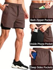 Coreblaze Men's Drawstring Waist Double Layer Sports Shorts - Brown - View 5