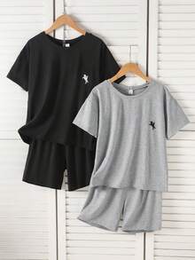 4pcs/Set Boys Short Sleeve T-Shirt & Shorts Set, Dark Blue & Grey Blue, Dropped Shoulder Loose Fit, Embroidered Pattern, Casual Minimalist Comfortable Soft Loungewear For Summer - Multicolor - View 4