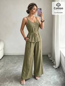 Cévolie Women's Solid Color Camisole Top And Long Pants Casual Vacation Set Olive Green Summer - Green - View 6