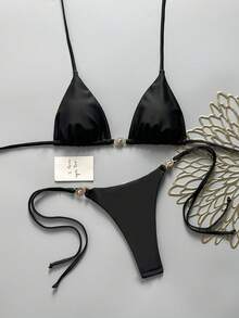 Swim Mod Women's Spring/Summer Solid Color Halter Tie Bikini Set With Metal Decor - Black - View 2
