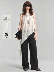 Ontre Top de mujer cómodo y agradable al tacto de mezcla premium de lyocell y tencel, ajuste ceñido, cuello en U pequeño, tirantes anchos, sin mangas, diseño de doble capa con dobladillo asimétrico, dobladillo fluido, estilo moderno urbano business casual para oficina, uso diario, de alta calidad, atuendo de aeropuerto, casual discreto, estilo old money, sofisticado para crucero, minimalista del Medio Oriente, lujo silencioso, textura esencial, versátil para todas las estaciones, serie minimalista - Blanco - Ver 3