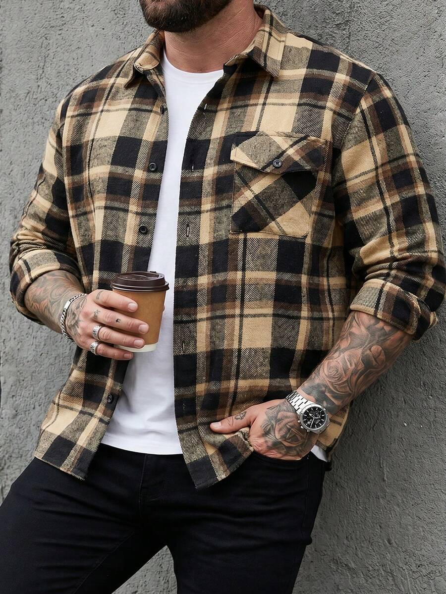 Manfinity Homme 秋季大码男士格子长袖单排扣口袋休闲夹克 - 卡其色 - 查看 1