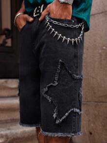 Manfinity EMRG Short en jean d'été pour hommes, short ample à jambes larges style street - Noir - Voir 4