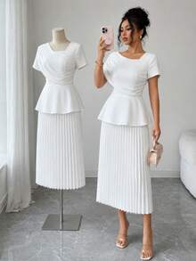 SHEIN Elenzya Vestido midi plisado con patchwork de malla de unicolor para mujer - Blanco - Ver 1