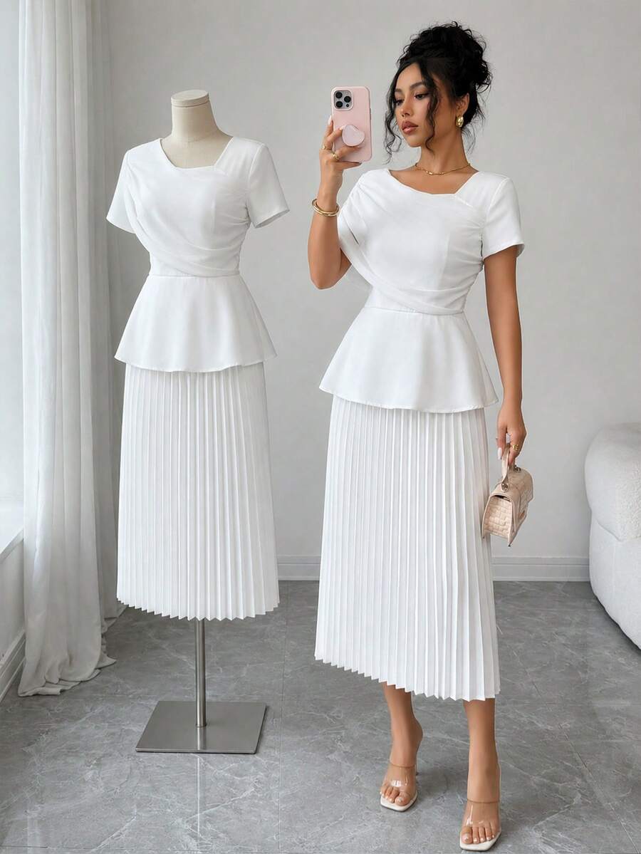 SHEIN Elenzya Vestido midi plisado con patchwork de malla de unicolor para mujer - Blanco - Ver 1