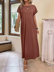 EMERY ROSE Vestido corto de manga corta sencillo y diario para mujer de unicolor - Café integral - Ver 4