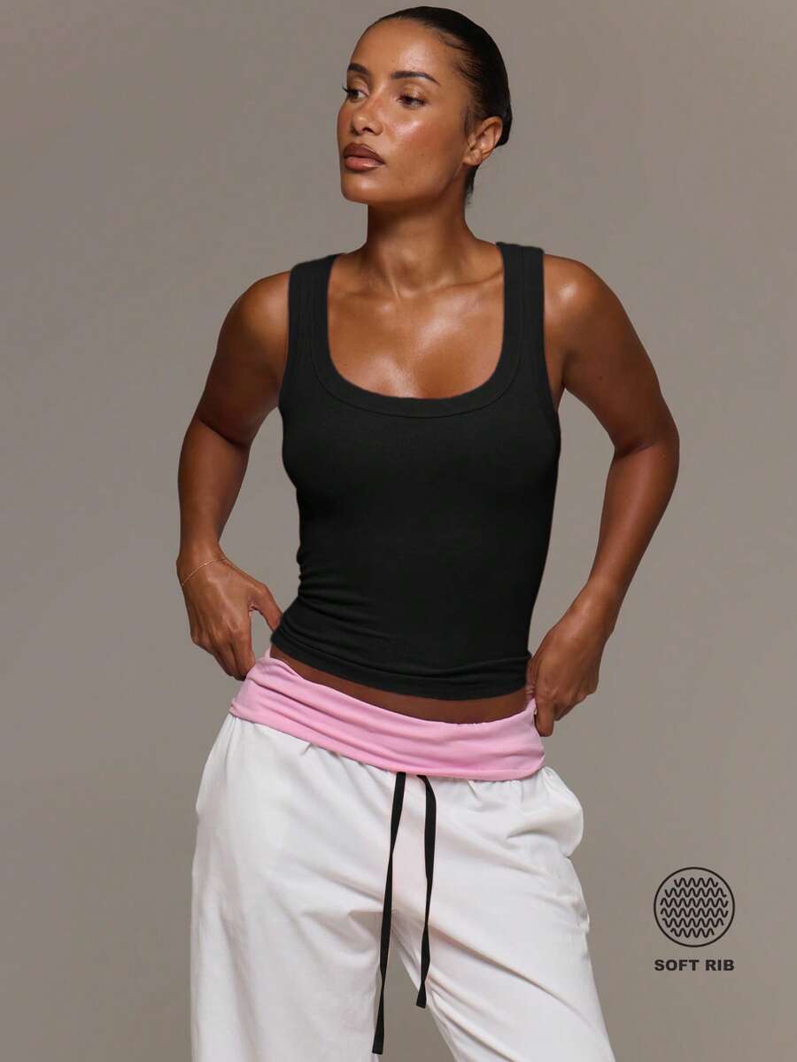MUSERA ESSENTIALS Ribbed Scoop Neck Fitted Tank Vest Top Cute Everyday Basics Sexy Daily Spring Summer Essential - Black - View 1