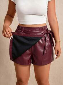 Elaquor Plus Size Summer Fashion Tie Wrap Shorts Elegant Sexy Burgundy PU Leather Skort Vacation Daily Rave Going Out For Women Casual Everyday Wear - Burgundy - View 4