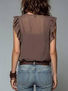 Hotletica Blus Tanpa Lengan Motif Bunga Berkerut Gaya Vintage Prancis untuk Liburan - Coklat - View 2