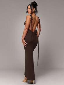 Silquee Women's Solid Color Fashion Sexy Ruched Slim Fit Spaghetti Strap Dress Golf Pastal - Brown - View 5