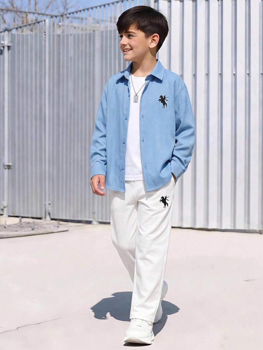SHEIN 兒童青少年男孩騎士圖案印花單排扣襯衫與口袋長褲套裝