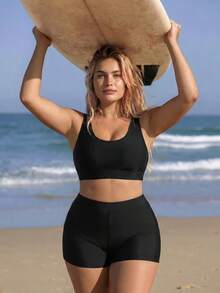 Swim SPRTY Plus Size Solid Color Beach Vacation Swimsuit Set - Black - View 4