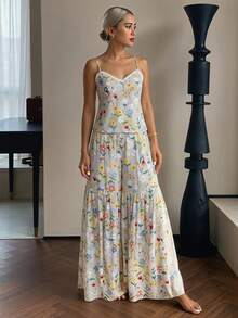 DAZY Sweet Floral Pattern Lace Patchwork Sleeveless Camisole & Wide Leg Pants 2-Piece Set Summer Women's Pajama Outfit - Light Grey - View 6