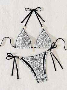 Swim Mod Bolso triangular de estilo sexy para mujer con tela calada, unicolor, adorno de flor de concha y perlas - Negro - Ver 5