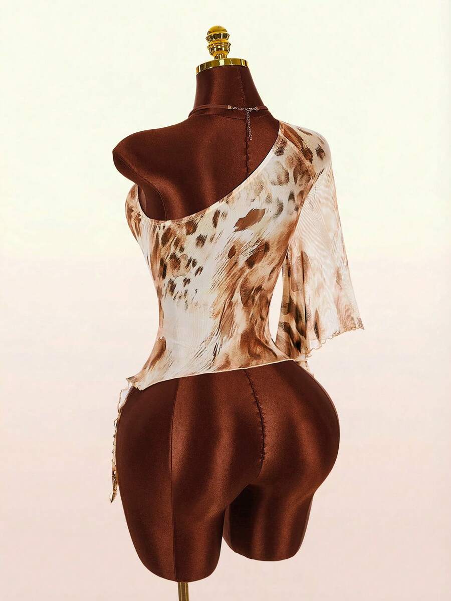 Amplova Women's Leopard Print Casual Versatile Daily Wear T-Shirt - Coffee Brown - View 1