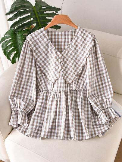 Lounesse Plus Size Women's Brown Plaid Shirt, Peter Pan Collar Blouse, Loose Comfortable Peplum Hem, 3/4 Sleeve Top, Cute Summer Blouse, Plaid Shirt, Casual Women's Clothing