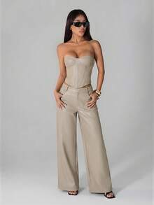 SHEIN PETITE Women's Solid Color PU Leather Pocket Wide Leg Loose Pants Night Party Beige Autumn Sexy - Apricot - View 5
