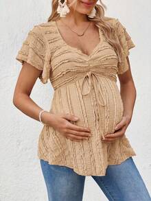 SHEIN Maternity Summer Casual Solid Color Textured T-Shirt - Brown - View 4