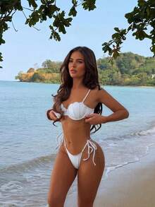 Swim SXY Summer New Cross-Border INS Style Sexy Triangle Tie Bikini Mermaid Shell Design Two Pieces Swimwear For Women, White, Pearl Accessories, Ocean Vacation Bikini Set, Sweet Girl Hot Spring Beach Holiday Bikini Swimwear, Birthday Party - White - View 6