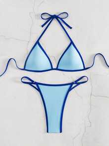 Costavie Women's Summer Beach Colorblock Halter Tie Sexy Fashion Bikini Two-Piece Swimsuit Set - Blue - View 4