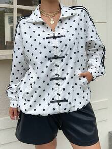 Muchica Plus Size Women's Polka Dot Pattern Frog Button Design Lightweight Jacket - Black and White - View 6