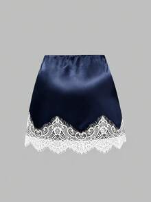 Sweetra Plus Size Women's Brown Satin Lace Patchwork Elegant Slimming Waist-Cinching Fitted Short Mini Skirt, Soft Comfortable Sexy Casual Date Wear, Versatile Cool Summer Mini Skirt, Plus Size Skirt - Navy Blue - View 2