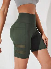SHEIN Sports Solid Color Wide Waist Sports Shorts (With Pockets) - Olive Green - View 5