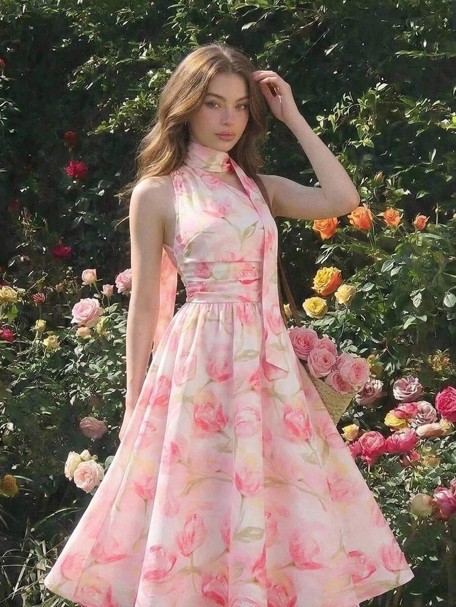 SHEIN MOD 女款花卉印花百褶優雅收腰派對旅行中長洋裝 - 粉色 - 查看 1