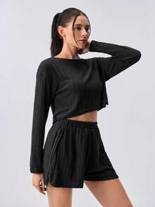 Loungeista 两件套女士舒适半透明长袖睡衣套装 + 侧开衩短裤睡衣 - 黑色 - 查看 7