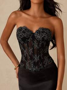 SHEIN Glamour 女款蕾絲性感抹胸上衣，適合約會與派對 - 黑色 - 查看 4