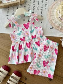 SHEIN 2件組女嬰幼兒白色夏季可愛飄逸度假風心形與花朵印花細肩帶背心短褲套裝 蝴蝶結裝飾 甜美慵懶風 - 彩色 - 查看 6