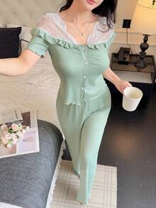 SHEIN 女士法式露肩蕾丝拼布短袖上衣和长裤睡衣套装 - 綠色 - 查看 7
