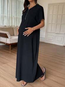Dazy Maternity 純色圓領半鈕扣前襟寬鬆長版休閒日常孕婦洋裝 夏季 - 黑色 - 查看 3
