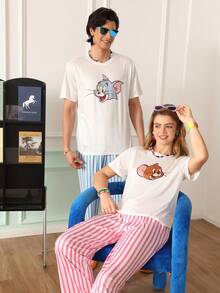 Chillnights TOM & JERRY X SHEIN Men's Cartoon Print Short Sleeve Top And Striped Long Pants Casual Daily Home Wear Set - Blue - View 6