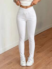 SHEIN Tall Women's Asymmetric Waistband Pocket Fitted Casual Denim Jeans Plain White Pants Summer Slim-Fit Clothes Back To School Tall Travel Capris Holiday - White - View 7