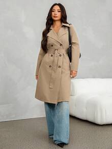 SHEIN PETITE 女款素色腰部綁帶設計休閒優雅百搭日常穿著風衣外套 辦公室卡其色秋季 - 卡其色 - 查看 4