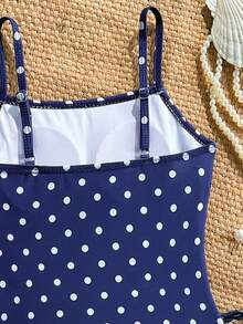 SHEIN Tween Girl Cute Polka Dot Print Ruched Side Bow One-Piece Swimsuit Suitable For Swimming, Vacation, Summer - Navy Blue - View 5